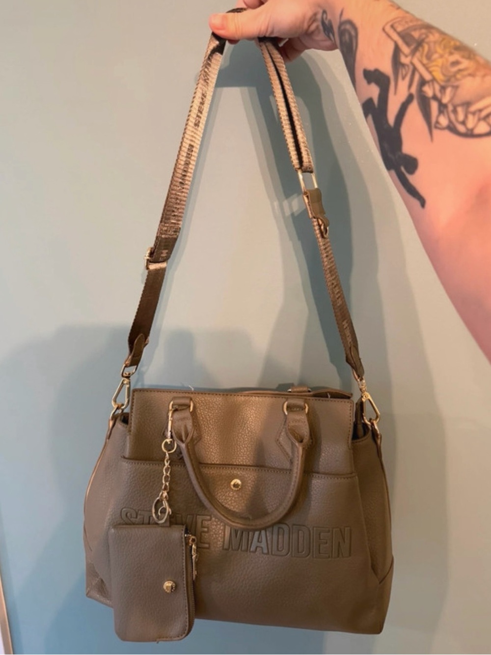 Steve Madden Olive Taupe Shoulder Satchel with Detachable Strap